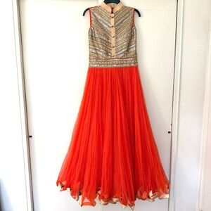 Radiant Orange and Gold Gown Size M floor length Indian outfit gown lehenga